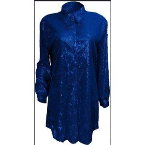 Sequin Long Sleeve Blue Button-Up Shirt Dress Size XXL